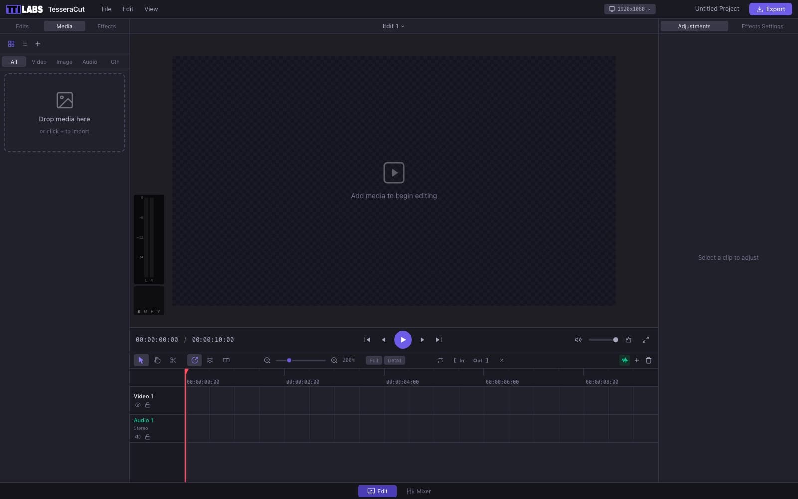 TesseraCut browser video editor — multi-track timeline, WebGL effect stack, keyframe automation, video scopes, and audio mixer